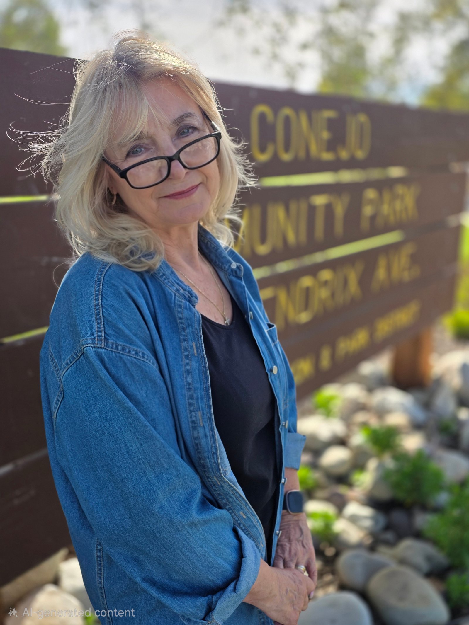 Kerry Nelson wearing glasses and a denim shirt beside the Conejo Community Park sign.