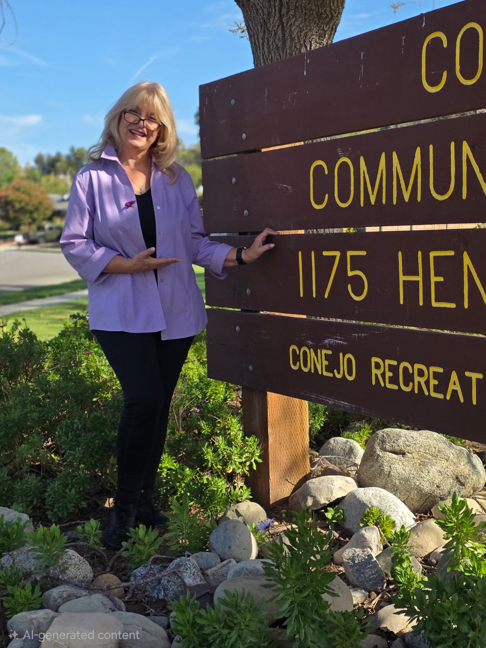 Kerry Nelson in a lavender shirt standing beside a community park sign, surrounded by plants and rocks.